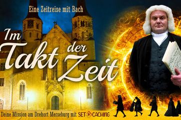 Werbemotiv zur Set-Caching-Mission "Im Takt der Zeit" mit Bildmotiven aus dem Film "Bach - eine Weihnachtsgeschichte"