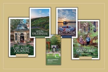 verschiedene Cover von Broschüren mit den Titeln Urlaubsjournal, Gastgeberverzeichnis, Wein-Erlebnisse, Seen entdecken und Zuckerbahnradweg