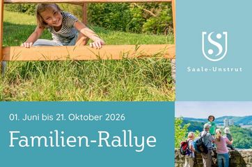Werbemotiv Familien-Rallye Saale-Unstrut 2026, Collage, Bild 1 lächelndes Kind im Gras, Bild 2 Familie beim Wandern, im Hintergrund eine Burgruine